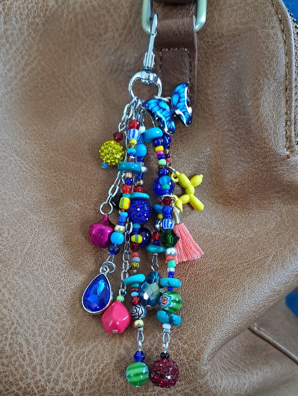 PURSE OR BAG CHARM Handcrafted Colorful Dark Brights/Siver Palette, Fun, 5"